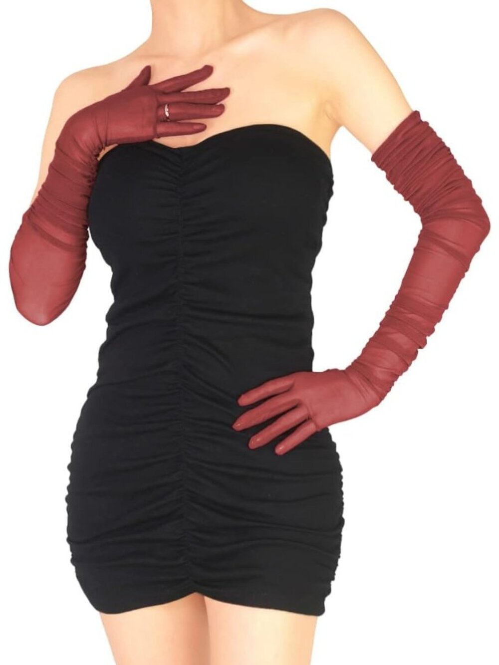 Women's Burgundy Stretchy Sheer Mesh Tulle Long Lace-like Non-slip Opera Gloves